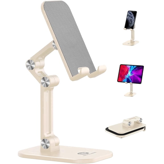 OCYCLONE Phone Stand, Adjustable Height and Angle Foldable Cell Phone Stand Holder for Desk Compatible with 4-11 Inch Mobile Phone/iPad/Tablet, Beige