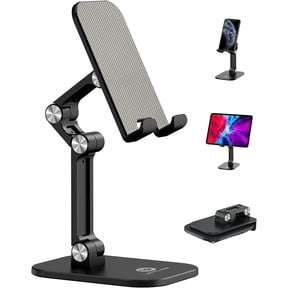 OCYCLONE Phone Stand for Desk, Adjustable Height & Angle, Foldable & Portable Tablet Holder, Compatible with 4-11" iPhone, iPad, Samsung - Ergonomic for Watching, Gaming, Reading (Black)