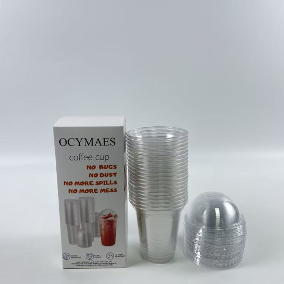 OCYMAES coffee cup ,16oz Clear Plastic Coffee Mug with Lid, Medium Disposable Coffee Cup, Dome Lid - Non-porous, 16oz Coffee Container
