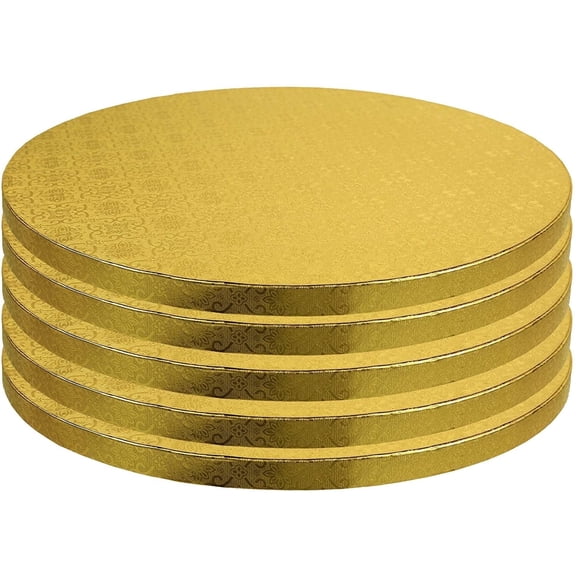 O'Creme Gold Foil Round Cake Board Drum, 8" Diameter, 1/2" Thick Heavy Duty Corrugated Cake Drums, Pack of 5, Disposable Cake Boards