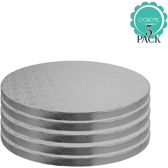 OCreme Cake Board, Silver Foil Round Cake Circles with Gorgeous Design, Sturdy & Durable 1/2 Thick Cake Drums, Round Cake Boards with 10 Diameter, Pack of 5 Disposable Cake Drums