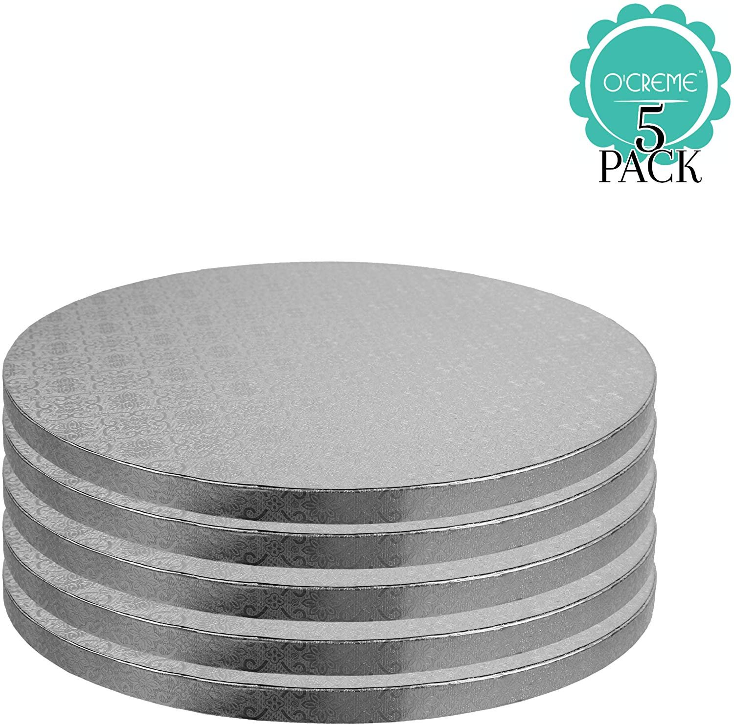 OCreme Cake Board, Silver Foil Round Cake Circles with Gorgeous Design, Sturdy & Durable 1/2 Thick Cake Drums, Round Cake Boards with 12 Diameter, Pack of 5 Disposable Cake Drums - image 1 of 6