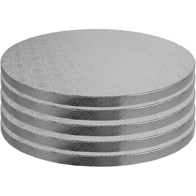 OCreme Cake Board, Silver Foil Round Cake Circles with Gorgeous Design, Sturdy & Durable 1/2 Thick Cake Drums, Round Cake Boards with 9 Diameter, Pack of 5 Disposable Cake Drums