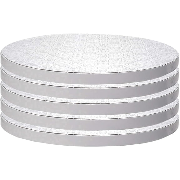 O'Creme White Round Cake Board Drum, 18" Diameter, 1/2" Thick Heavy Duty Corrugated Cake Drums, Pack of 5, Disposable Cake Boards