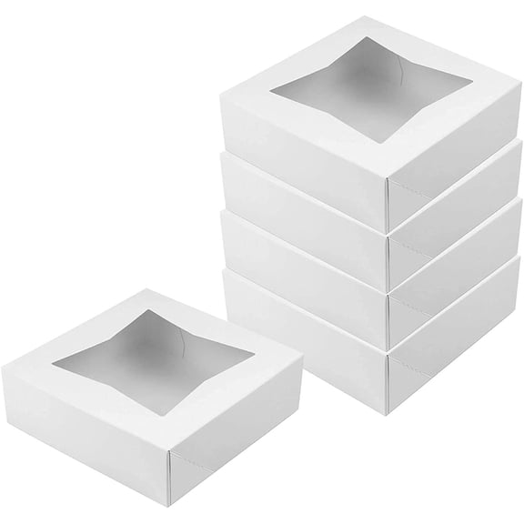 OCreme White Bakery Boxes with Window 12 x 12 x 2.7 in, Pack, Display Pies, Pastries, Cupcakes and Cookies Paperboard White Auto-Popup Window Cake Boxes, Pie Pastry Container Carrier - Pack Of 5