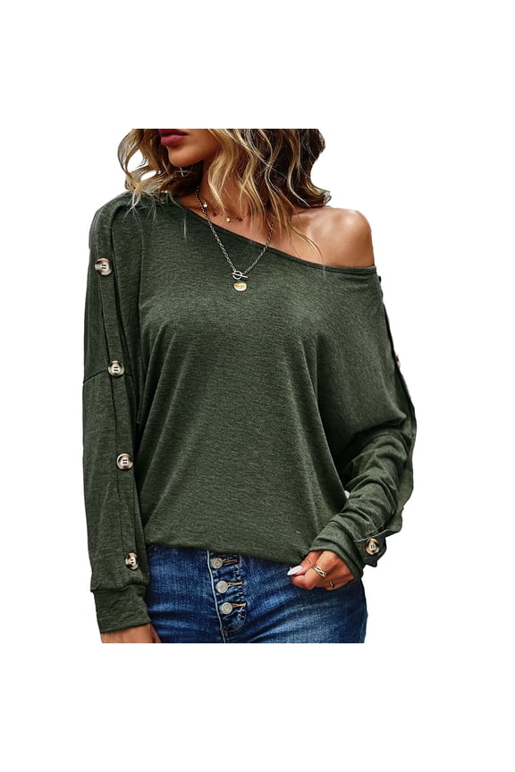 OD Green Women's Loose Casual Top with Off Shoulder Batwing Sleeves