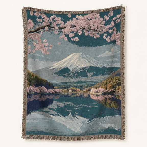ODD MEADOW Mount Fuji cherry blossom landscape Teal and Pink Woven Cotton Throw Blanket Japanese-inspired scenic Living room decor Sofa or armchair, 80 x 60 in