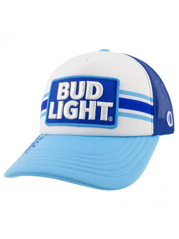 ODD SOX Bud Light Patches Trucker Hat – Blue and White Mesh Snapback Cap for Men & Women – Classic