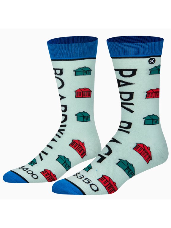 Boardwalk & Park Place Monopoly Cartoon Crew Socks, Size Large