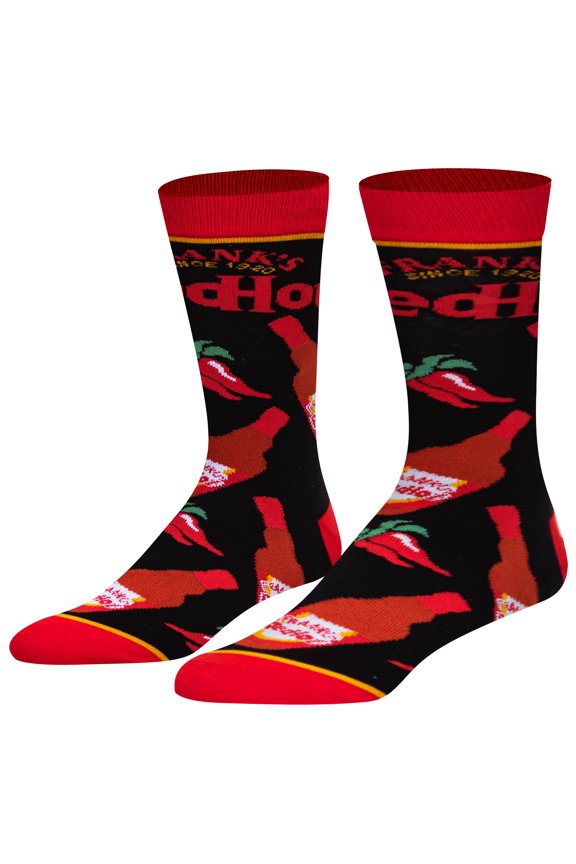 – Frank's RedHot Original Hot Sauce Bottle Print Novelty Crew Socks – Size Large – Men’s