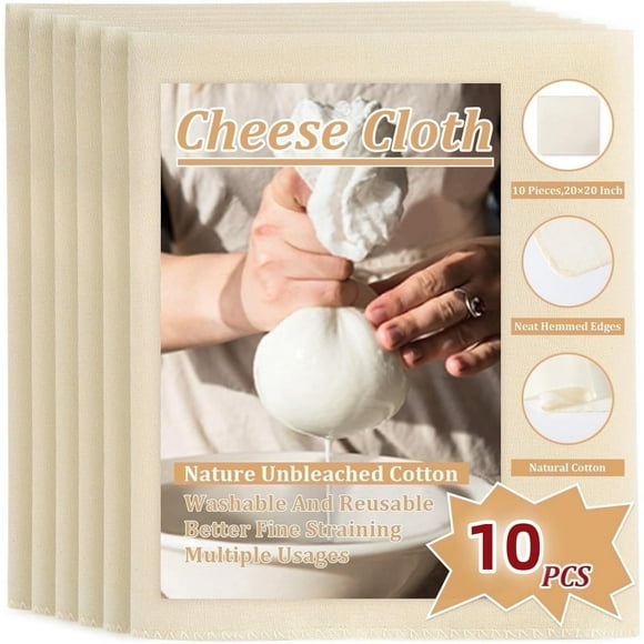 ODDPC 10-Pack Cheesecloth, 20x20 Inch Organic Hemmed Cheese Cloth for Straining, Reusable Unbleached Cotton Strainer for Cooking, Baking, Juicing, and Cheese Making (Grade 100)
