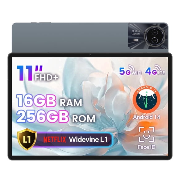 ODEA 16GB RAM 256GB ROM(2TB TF), S11 11 inch Android Tablet, 1920x1200 IPS Display, Octa-Core T606, Wi-Fi+4G LTE, Android 14 Tablets, Widevine L1 Netflix/8000mAh/13MP+8MP Dual Camera/Face ID/GPS