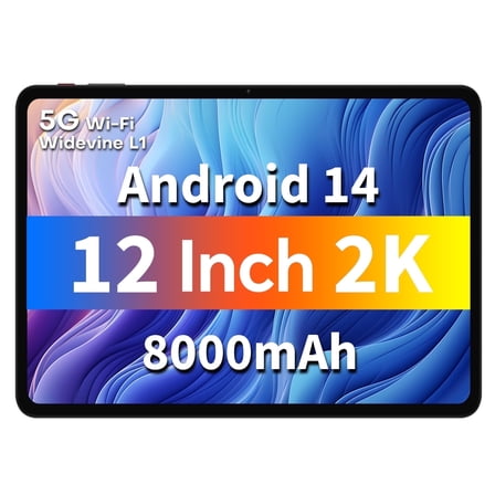 ODEA 12 inch Tablet Android 2K 2000x1200 Display, A12 Android 14 Tablets, 12GB RAM+128GB ROM(2TB TF), Octa Core, 8000mAh, 8MP+13MP Dual Camera, Face ID/GPS/Widevine L1 Netflix/GMS/5G WiFi/BT5.0
