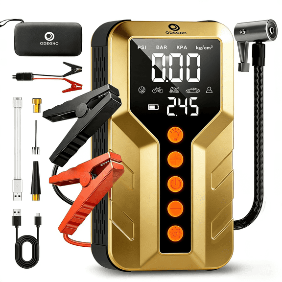 ODEGNC 6000A 25000mAh Portable Jump Starter with Air Compressor, 150PSI Tire Inflator Emergency Kit for Car Truck SUV RV