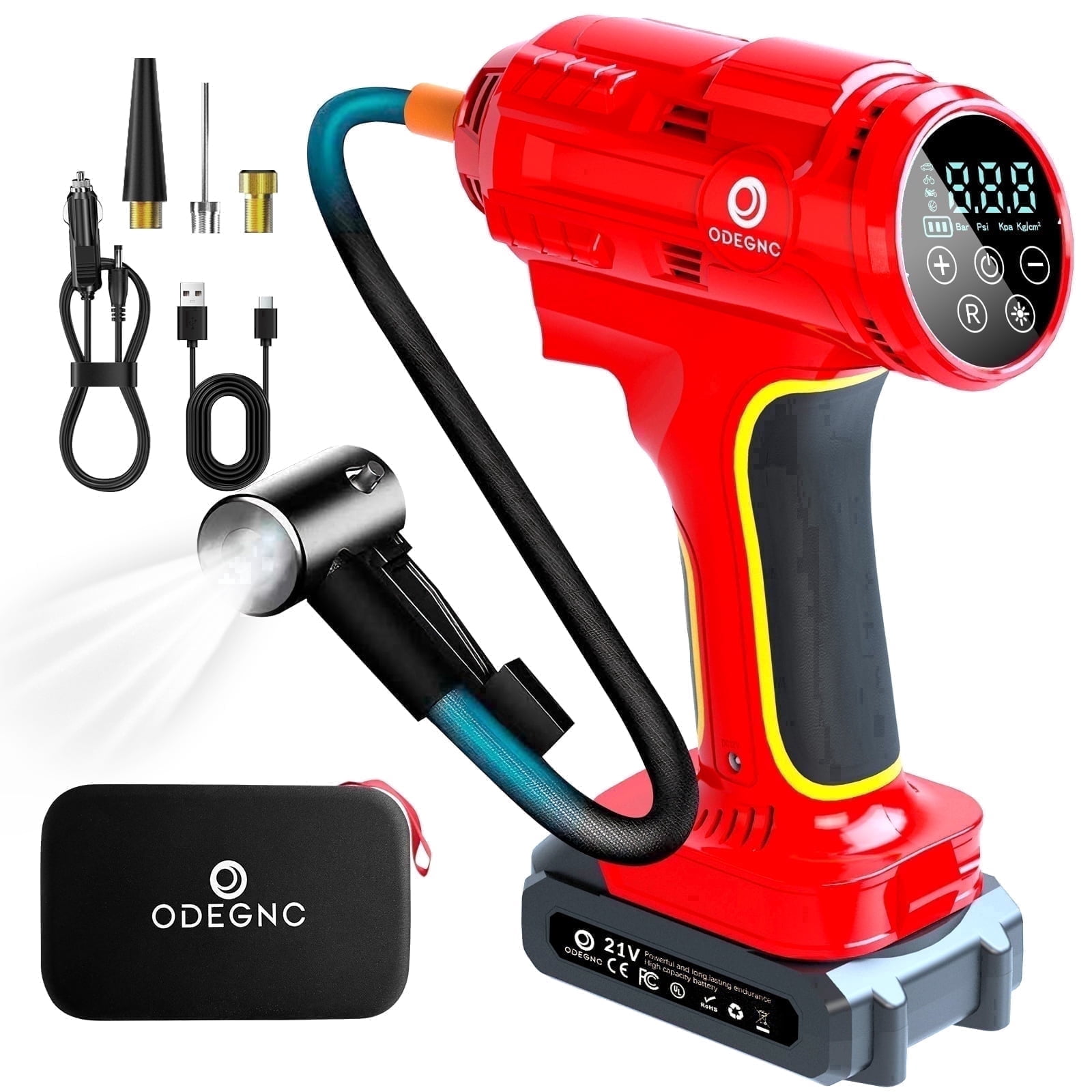 ODEGNC 10000mAh 21V 160PSI Cordless Tire Inflator Dual-Power For Car Bike Ball Portable Air Compressor LED Light