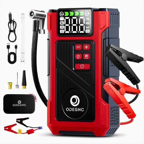 ODEGNC 6000A Jump Starter with Air Compressor and 150 PSI Pump, 25000mAh Battery for Cars, Trucks, SUVs- Emergency Kit