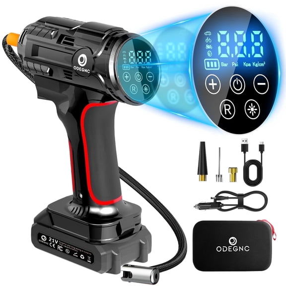 ODEGNC Cordless Tire Inflator Portable Air Compressor, 21V 160PSI 10000mAh Battery, 12V DC Auto Shut-off Digital Gauge & LED Light