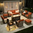 thumbnail image 1 of ODELIO 10-Piece Outdoor Patio Furniture Set, All-Weather Wicker Conversation Set with Propane Fire Pit Table, Swivel Rocking Chairs & Solar LED Coffee Table for Backyard, Deck & Porch, Orange Red, 1 of 11