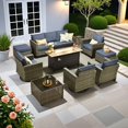 thumbnail image 1 of ODELIO 10-Piece Outdoor Wicker Patio Furniture Set, All-Weather PE Rattan Conversation Set with Swivel Rocking Chairs, Propane Fire Pit Table & Lighted Coffee Table for Backyard, Denim Blue, 1 of 11