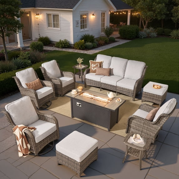 ODELIO 10‑Piece Wicker Patio Set, 360° Swivel Rocking Chairs, 55000 BTU Propane Fire Pit Table, Ottomans & Side Tables,Grey Outdoor Conversation Furniture