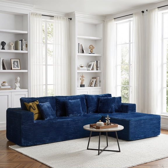 ODELIO 108" L-Shaped Modular Sectional Sofa, Oversized Boneless Cloud Couch with Deep Seat, Plush Corduroy Right Chaise Sofa for Living Room, No Assembly Required, Blue