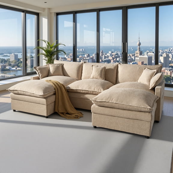 ODELIO 108" Cloud Couch, Oversized U-Shaped Modular Sectional Sofa, 5-Seat Chenille Couch with Deep Seat and Ottomans for Living Room, Camel