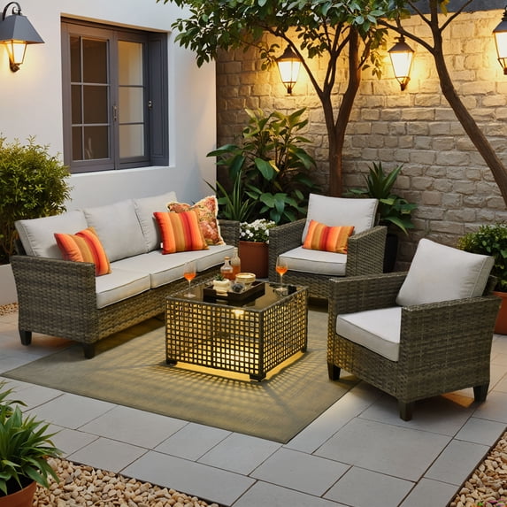 ODELIO 4‑Piece All‑Weather Wicker Patio Furniture Set, Outdoor Conversation Set with LED Lighted Coffee Table, Light gray Cushions for Backyard Porch Garden