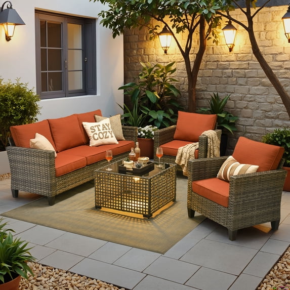 ODELIO 4‑Piece All‑Weather Wicker Patio Furniture Set, Outdoor Conversation Set with LED Lighted Coffee Table, Orange-red Cushions for Backyard Porch Garden