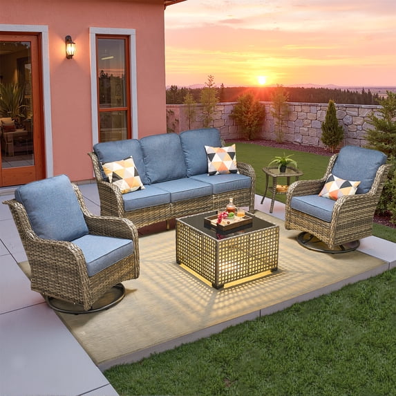 ODELIO 5‑Piece All‑Weather Wicker Patio Furniture Set, Outdoor Conversation Set with High‑Back 360° Swivel Rocking Chairs & Auto‑Solar Light Coffee Table, Denim blue