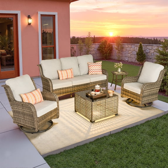 ODELIO 5‑Piece All‑Weather Wicker Patio Furniture Set, Outdoor Conversation Set with High‑Back 360° Swivel Rocking Chairs & Auto‑Solar Light Coffee Table, Grey