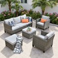 thumbnail image 1 of ODELIO 5-Piece All-Weather Wicker Patio Furniture Set, PE Rattan Outdoor Conversation Set with 3-Seat Sofa, 2 Armchairs & 2 Ottomans for Backyard, Porch & Deck, Light Gray Cushions, 1 of 8