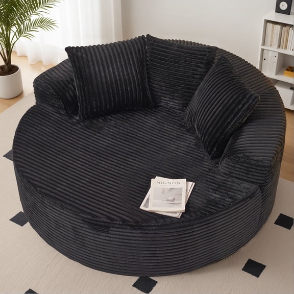ODELIO 58" Oversized Round Chaise Lounge Chair, Plush Corduroy Boneless Deep Seat, Indoor Circle Floor Sofa Chair, Modern Cloud Lounge Chair for Living Room & Bedroom, No Assembly Required, Black