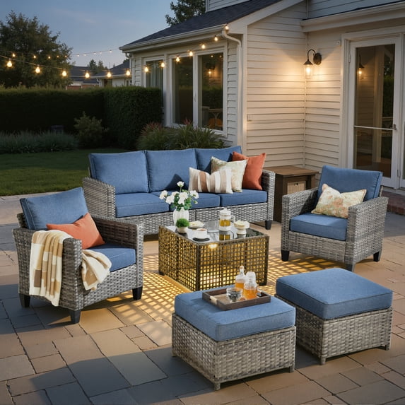 ODELIO 6 Pieces All-Weather Rattan Wicker Patio Furniture Set, Outdoor Sectional Sofa with Ottomans, Outdoor Conversation Set for Porch, Patio & Backyard