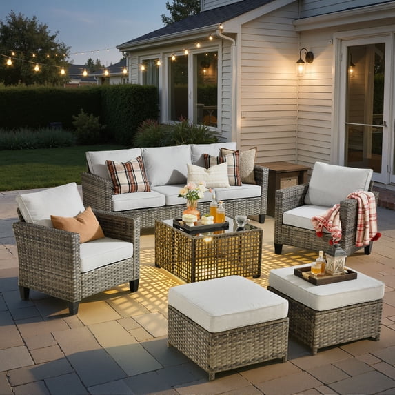 ODELIO 6 Pieces All-Weather Rattan Wicker Patio Furniture Set, Outdoor Sectional Sofa with Ottomans, Outdoor Conversation Set for Porch, Patio & Backyard