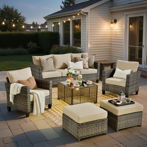 ODELIO 6 Pieces All-Weather Rattan Wicker Patio Furniture Set, Outdoor Sectional Sofa with Ottomans, Outdoor Conversation Set for Porch, Patio & Backyard
