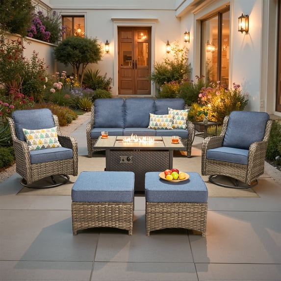 ODELIO 7‑Piece All‑Weather Wicker Patio Furniture Set, Outdoor Conversation Set with 360° Swivel Rocking Chairs, 55000 BTU Propane Fire Pit Table & Ottomans, Denim blue Cushions