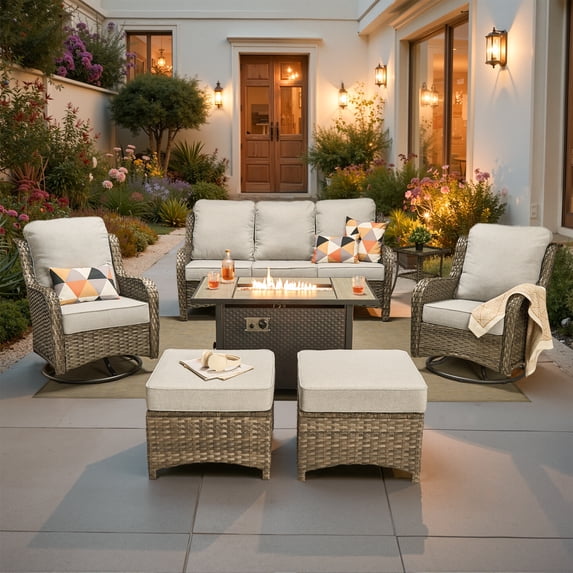 ODELIO 7‑Piece All‑Weather Wicker Patio Furniture Set, Outdoor Conversation Set with 360° Swivel Rocking Chairs, 55000 BTU Propane Fire Pit Table & Ottomans, Grey Cushions
