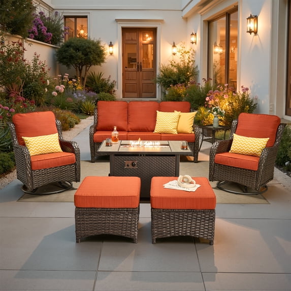 ODELIO 7‑Piece All‑Weather Wicker Patio Furniture Set, Outdoor Conversation Set with 360° Swivel Rocking Chairs, 55000 BTU Propane Fire Pit Table & Ottomans, Orange-red Cushions