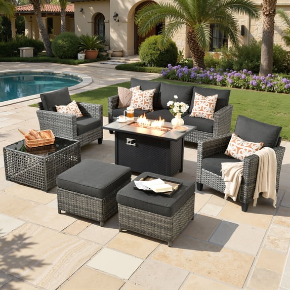 ODELIO 7-Piece Outdoor Patio Furniture Set PE Wicker Rattan Conversation Set with Propane Fire Pit Table & Solar LED Coffee Table All-Weather Sectional Sofa with Ottomans, Black
