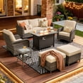 thumbnail image 1 of ODELIO 7-Piece Wicker Patio Furniture Set, All-Weather Rattan Conversation Set with Propane Fire Pit Table & Swivel Rocking Chairs, Outdoor Sectional Sofa with Ottomans & Side Table, Beige, 1 of 10