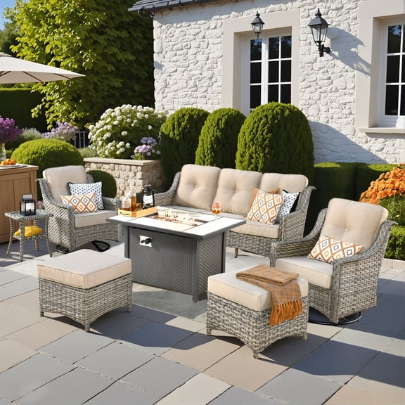 ODELIO 7-Piece Wicker Patio Furniture Set, High-Back Outdoor Rattan Conversation Set with Swivel Rocking Chairs, Ottomans & Fire Pit Table for Backyard Deck Porch, Beige Cushions