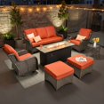 thumbnail image 1 of Odelio 7-Piece Outdoor Patio Conversation Set with 54" Fire Pit Table High Back Wicker Rattan Furniture Patio Sectional Sofa with Swivel Chairs, Orange Red, 1 of 11