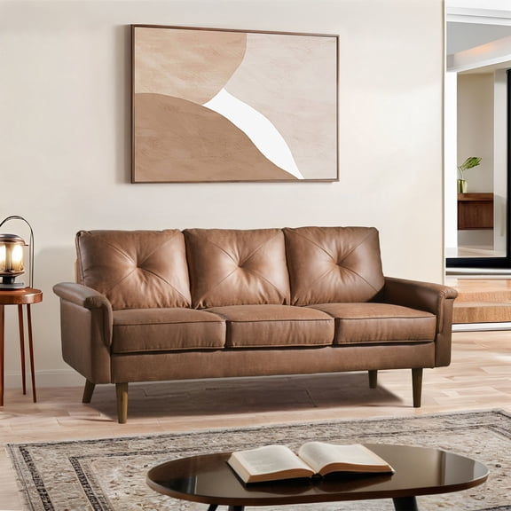 ODELIO 72" Mid-Century Modern 3-Seater Sofa, Light Brown Faux Suede Couch with Wood Legs, 22" Deep Seat Upholstered Cloud Sofa for Living Room, Bedroom, Apartment
