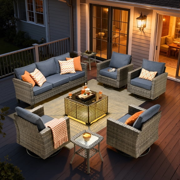 ODELIO 8‑Piece All‑Weather Rattan Patio Furniture Set, Outdoor Conversation Set with 360° Swivel Rocking Chairs & Solar‑Powered Light Coffee Table, 2‑Tier Side Tables for Backyard Porch Garden