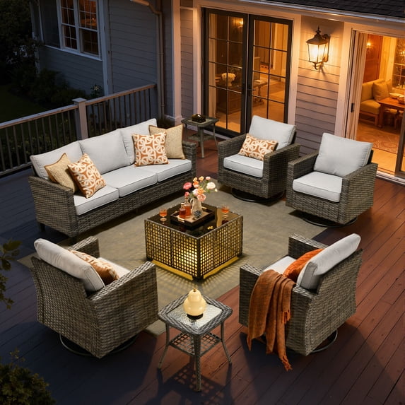 ODELIO 8-Piece Wicker Patio Furniture Set, PE Rattan Outdoor Conversation Set with Swivel Rocking Chairs & LED Lighted Coffee Table, Patio Seating for Backyard, Porch & Deck, Light Gray