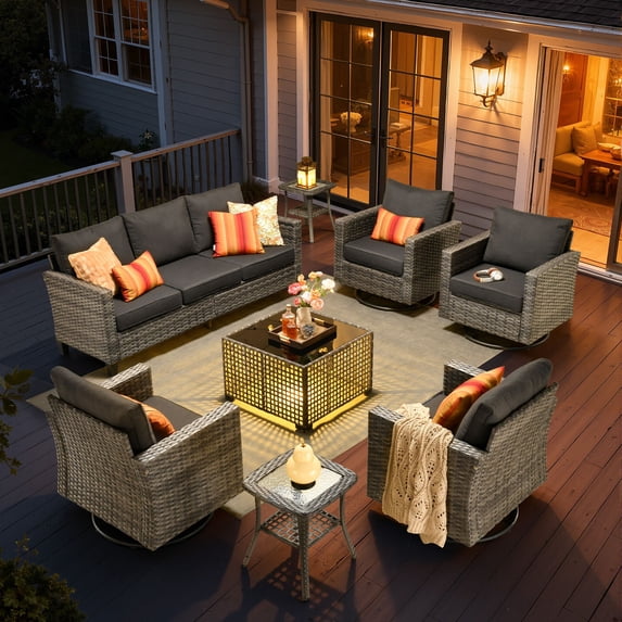 ODELIO 8-Piece Wicker Patio Furniture Set, PE Rattan Outdoor Conversation Set with Swivel Rocking Chairs & LED Lighted Coffee Table, Patio Seating for Backyard, Porch & Deck, Black