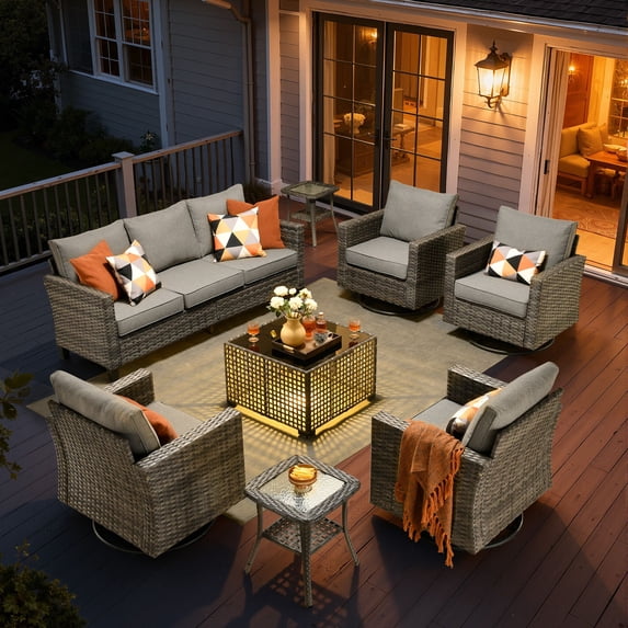 ODELIO 8-Piece Wicker Patio Furniture Set, PE Rattan Outdoor Conversation Set with Swivel Rocking Chairs & LED Lighted Coffee Table, Patio Seating for Backyard, Porch & Deck, Dark Gray
