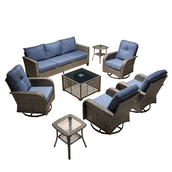 ODELIO 8-Piece Wicker Patio Furniture Set, PE Rattan Outdoor Conversation Set with Swivel Rocking Chairs & Solar LED Coffee Table, Patio Sectional Seating for Backyard, Denim Blue