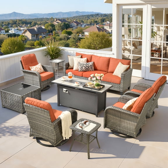 ODELIO 8 Pieces All‑Weather Wicker Patio Furniture Set, Outdoor Conversation Set with 360° Swivel Rocking Chairs, Lighted Coffee Table & Black Cushions, for Backyard Porch Garden