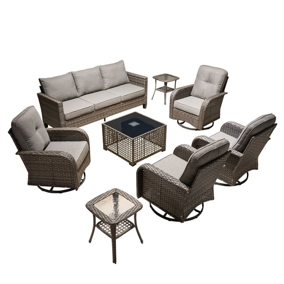 ODELIO 8-Piece Wicker Patio Furniture Set, PE Rattan Outdoor Conversation Set with Swivel Rocking Chairs & Solar LED Coffee Table, Patio Sectional Seating for Backyard, Dark Gray